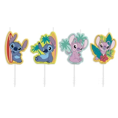 Abbildung von dekora Disney Stitch Geburtstagskerzenset, 4 teilig, tropisches Hawaii Design, Dekoration für Kuchen und Cupcakes