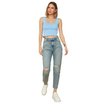 Abbildung von TRENDYOL Damen Blue Torn Detailed High Waist Mother Jeans, Blau, 36 EU