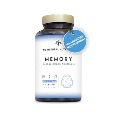 Abbildung von Nootropic Ginko Biloba für Konzentration. Folsäure, Reishi, Bacopa Bonnieri. Brain Booster Koffein. Vit b12, B6 zur normalen psychologischen Funktion beitragen.60Vegan Kapseln N2 Natural Nutrition
