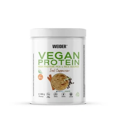Abbildung von Weider Vegan Protein (300g) Cappuccino Geschmack. 23g Protein/Dosis, Erbsenisolat (Pisane) &amp; Reisproteine. Mit Vitamin B12 und Stevia. Glutenfrei, zuckerfrei. Verpackung 50% Recycelt, 100% Recycelbar