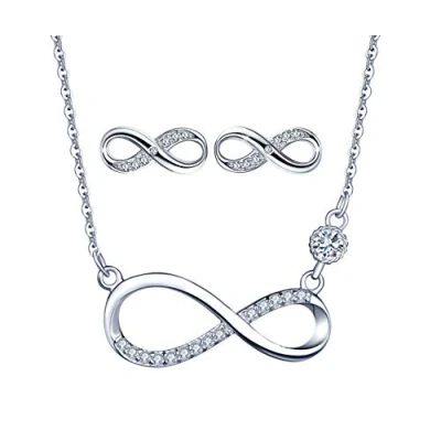 Abbildung von Yumilok 925 Sterling Silber Damen Halskette Kette mit Unendlichkeit Infinity Symbol Anhänger Zirkonia Ohrstecker Ohrringe Creolen Schmuck set für Frauen Mädchen Roségold