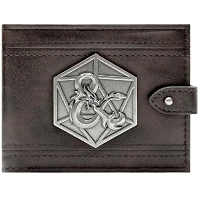 Abbildung von Player&#039;s Handbook Dungeons &amp; Dragons 3D Ampersand Metallwürfelabzeichen Geldbörse/Geldbeutel Bi Fold ID Kartenhalter, Braun
