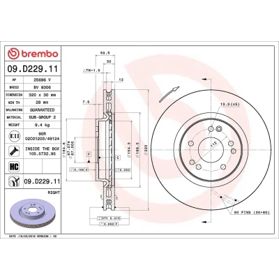 Abbildung von BREMBO 09.D229.11 Bremsscheibe 320 30 5 innenbelüftet beschichtet hochgekohlt mit Schrauben MERCEDES BENZ: W124 Saloon, E Class T modell