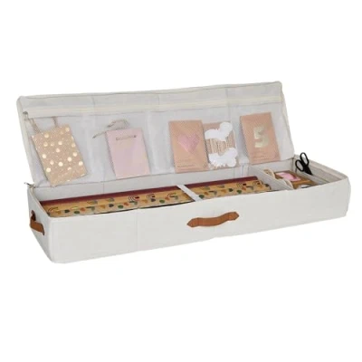 Abbildung von LOVE IT STORE Premium Geschenkpapier Organizer Hochwertige Aufbewahrung aus Stoff Mit Fächern für Geschenkbänder Beige 90x30x12 cm