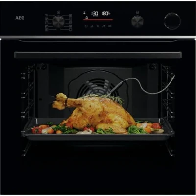 Abbildung von AEG Wifi Einbaubackofen Serie 6 LED Touchdisplay Made in Germany Pyrolyse Selbstreinigung 25% Dampfunterstützung Außen Knusprig &amp; Innen Saftig Kerntemperatursensor TR6PB50WSB