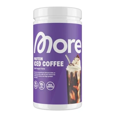 Abbildung von MORE Protein Iced Coffee, Café Frappé Style, 500 g, Eiskaffee mit wertvollen Proteinen, wenig Zucker und Fett, geprüfte Qualität made in Germany