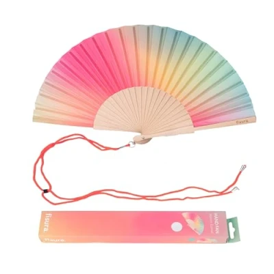 Abbildung von FISURA Holzfächer mit rosa grünem Farbverlauf. Moderner, farbenfroher Handventilator praktischem Aufhänger. Perfekt für einen frischen Sommerlook. Maße: 42,5 x 23 cm
