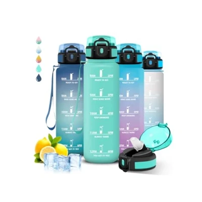 Abbildung von Trinkflasche 1l, Sport, mit Strohhalm, Auslaufsicher, Kohlensäure Geeignet, Kann dir Tragen, Zeitmarkierung, Flasche für Fitness, Camping