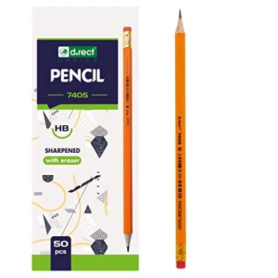 Abbildung von D.RECT Holzbleistifte HB 50 Stück Bleistift mit Radiergummi Bleistifte Set Vorgespitzte Holz Ideal zum Schreiben und Zeichnen auf jeder Oberfläche, Orange