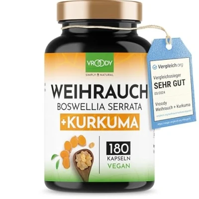 Abbildung von Weihrauch Kurkuma Vergleichssieger, 180 Kapseln hochdosiert Boswellia Serrata 2000mg, 85% Boswelliasäure, 500mg CURCUMA, 95% Curcuminoide Tagesdosis, ohne Zusätze oder chemische Entzündungshemmer