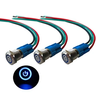 Abbildung von QitinDasen 3Pcs Premium 12V / 24V 3A Verriegelung Druckschalter, 12mm Auto Zündungs Startschalter, Blaues LED Licht Edelstahl IP66 Wasserdichter Schalter mit Steckdosendraht