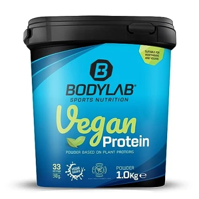 Abbildung von Bodylab24 Vegan Protein Haselnuss 1000g, 100% veganes Proteinpulver aus Ackerbohnen, Erbsen und Kürbiskernprotein, mit 80g Eiweiß je 100g Pulver, ideal für den Muskelaufbau erhalt