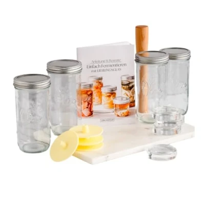 Abbildung von LIEBLINGSGLAS Fermentier Starter Set 4x 0.75 Liter Glasbehälter mit Schraub Deckel inkl. Aufsätze, Glasgewichte (7cm wide mouth), Holzstampfer Haltbarmachen von Gemüse, wie Sauerkraut und Kimchi
