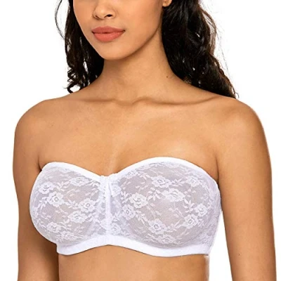 Abbildung von DOBREVA Damen Trägerloser BH mit Bügel Durchsichtig Spitze Dirndl Bandeau BHS Transparenten Trägern Weiss 85D
