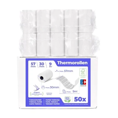 Abbildung von SWIPARO Ec Cash Thermorollen 57mm x 9m 12mm Kassenrollen Thermopapier Bonrollen für Bankomat Kredit Kartenlesegeräte mit SEPA Lastschrifttext (50 Stk.)