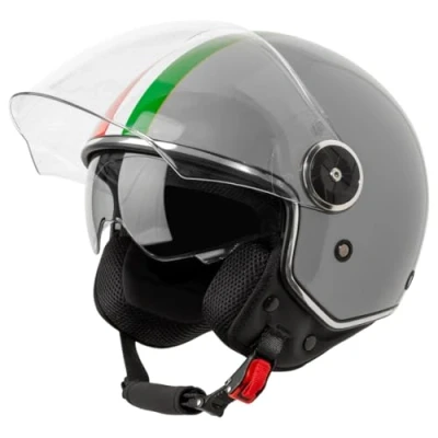 Abbildung von VINZ Neiva Jethelm mit Doppelvisier Roller Helm Italienische Flagge &amp; Sonnenblende In Gr. XS XXL ECE 22.06 Zertifiziert Motorradhelm Visier Viele Farben Erhältlich Grau