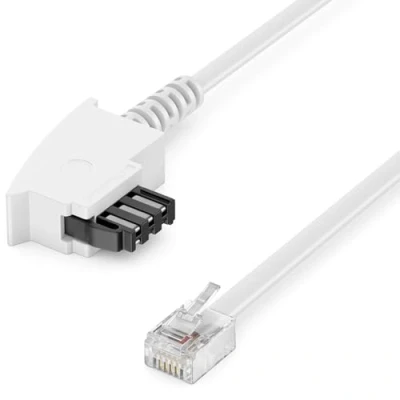 Abbildung von deleyCON 1m Telefonkabel TAE F Stecker auf RJ11 Int. Norm 6P4C Flachkabel Analoge Endgeräte an Telefondose Telefon Fax Modem Router Anrufbeantworter Weiß