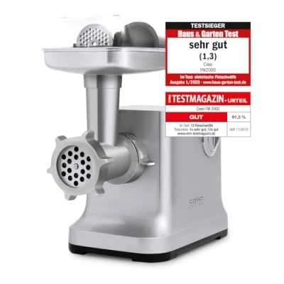 Abbildung von Caso FW2000 Elektrischer Fleischwolf, inkl. Spritzgebäck, Aufsatz 800 W nominal, 2000 locked, ca. 2kg/ Minute, Alu Guss Gehäuse, starker Motor, Silber