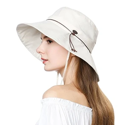 Abbildung von Comhats Damen Sonnenhut Faltbarer Sommerhut UPF 50 breite Krempe mit Kinnriemen Beige L