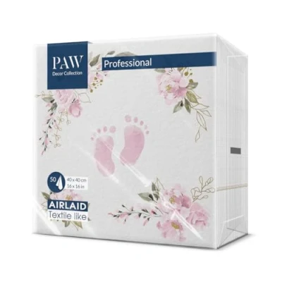 Abbildung von PAW Servietten aus Airlaid Stoffähnlich (40 x 40 cm) I 50 Stück Ideal für Geburtstag, Taufe, Kommunion, Babyparty Hochwertige Tischdeko Stoffservietten Pinke Füße Baby Feet light pink