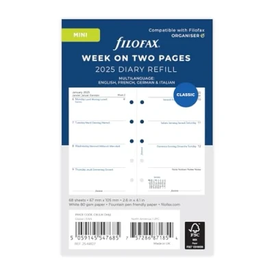 Abbildung von Filofax Mini Woche auf zwei Seiten, 4 sprachig, 2025 Terminplaner, Nachfüllpackung