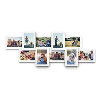 Abbildung von SONGMICS Bilderrahmen Collage, für 10 Fotos je x 15 cm, Fotorahmen aus MDF Platten, Montage erforderlich, weiß, mit Holzmaserung RPF21W