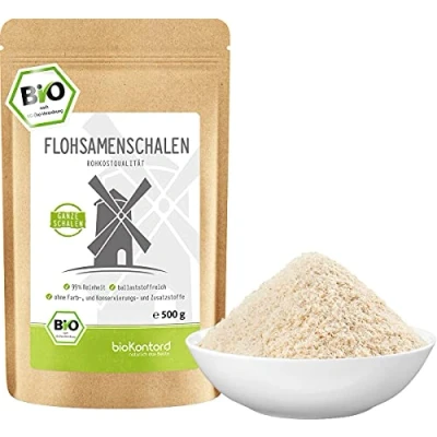 Abbildung von Flohsamenschalen ganz Bio 500g I 99% Reinheit psyllium husk 100% laborgeprüft indische Flohsamen Schalen geschrotet low carb Rohkostqualität von bioKontor