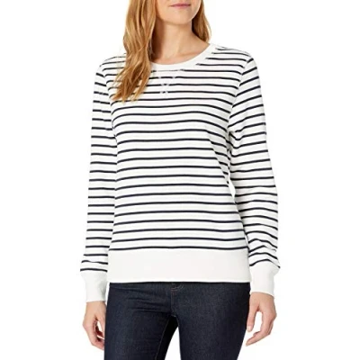 Abbildung von Amazon Essentials Damen Sweatshirt aus French Terry Fleece mit Rundhalsausschnitt (Erhältlich in Übergröße), Marineblau Weiß Querstreifen, M