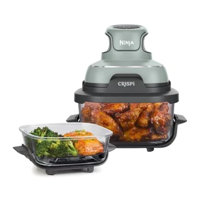 Abbildung von Ninja CRISPi tragbare Airfryer Heißluftfritteuse, 3,8 l, 4 in 1: Heißluftfrittieren, Braten, Warmhalten, Recrisp, kompakt, 6 Portionen, 2x herausnehmbare Glasbehälter &amp; Deckel, 1700 W, Sage FN101EUSG