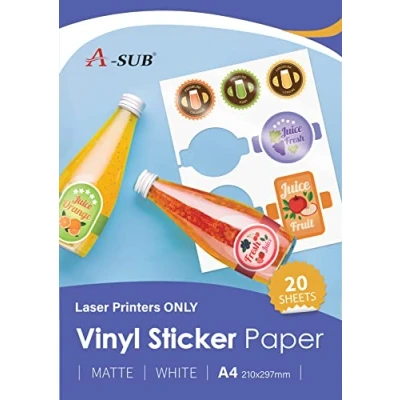 Abbildung von A SUB Weißes mattes hochwertiges wasserfestes bedruckbares Vinyl Aufkleberpapier, selbstklebende Etiketten für Laserdrucker, A4 Format, 20 Blatt
