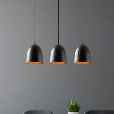 Abbildung von Hängeleuchte 3 Lampen Glocken aufgereiht Gakuli L70cm Metall gehämmert Schwarz Menzzo