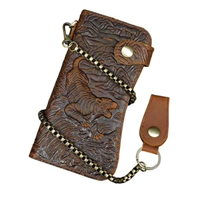 Abbildung von Echtes Leder Lange Brieftasche mit Reißverschluss Tasche Vintage Bifold Scheckheft Geldbörse (Chain Wallet2)