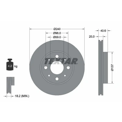 Abbildung von TEXTAR PRO 92118003 Bremsscheibe 240 20 04/08 98 innenbelüftet beschichtet ohne Radbefestigungsbolzen, Radnabe FIAT: Panda II Hatchback