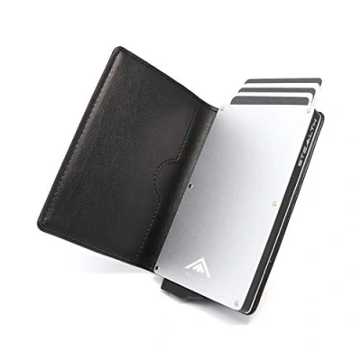 Abbildung von Stealth Wallet RFID Kartenportmonai Herren Minimalistische Pop Up Portemonnaies mit Geschenkbox Leichte Metall Kreditkartenhalter für Männer (Silbernes Aluminium, Schwarzes Leder)