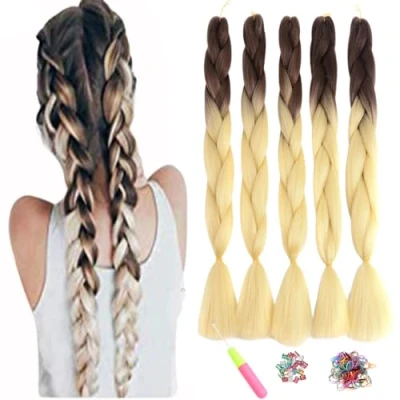 Abbildung von ShowJarlly Jumbo Braid Kunsthaar Haar, Ombre Extension, 24 Zoll Kanekalon Haar Flechten Extensions 5 Stücke Für Crochet Twist Box Zum Einflechten Zöpfe Braun/Cremeweiß#