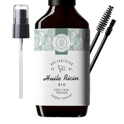 Abbildung von 50ml Bio Rizinusöl, Kaltgepresst, Rein Stimuliert und stärkt das Wachstum von Haar, Bart, Wimpern, Augenbrauen, Nägeln Haut Glasflasche, Bürste Pinsel
