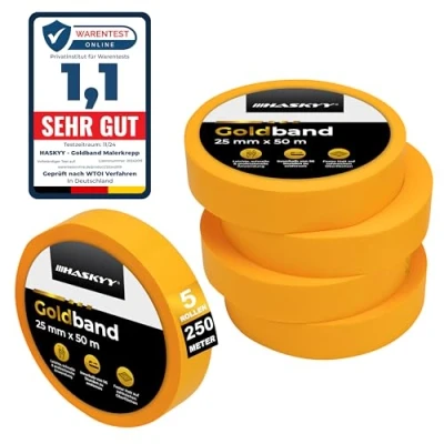 Abbildung von HASKYY Goldband Malerkrepp Kreppband 5x Malerband 25mm x 50m Profi Abdeckband Malertape Klebeband Washi Tape Gold Papiertape Selbstklebend