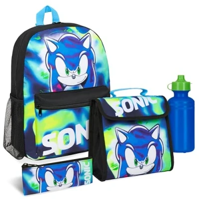 Abbildung von SONIC THE HEDGEHOG Schulrucksack Jungen Set, 4 STK. Rucksack Kinder Trinkflasche &amp; Accessoires (Blau/Grün)