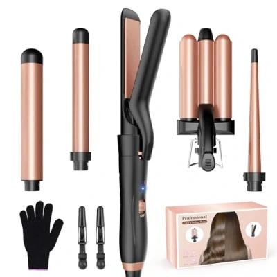 Abbildung von BESTOPE MIX Lockenstab Hair Curler mit Glätteisen, 3 Fässer antistatische Keramik Welleneisen für Haare einstellbarer Temperatur Schnelle Erwärmung Rose Gold 5 in 1