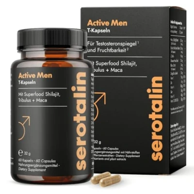Abbildung von serotalin® ACTIVE MEN Maca Kapseln hochdosiert 60 Pills I schwarzes Extrakt mit Shilajit Tribulus Terrestris Bockshornklee Zink Selen &amp; Vitamine