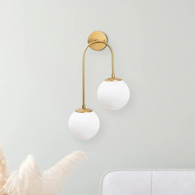 Abbildung von Wandleuchte kugelförmig 2 Lampen Haken U asymmetrisch Bulla Ø30 x 59 cm Metall Glas Gold Hochglanz Weiß Menzzo