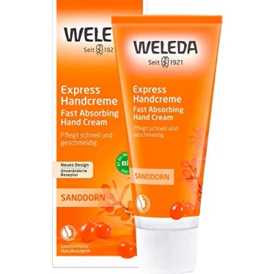 Abbildung von WELEDA Bio Express Handcreme Sanddorn Naturkosmetik Handpflege Creme für trockene Hände. Nachhaltige Feuchtigkeitscreme Frauen &amp; Männer mit Grapefruit, Mandarine Sandelholz Duft (1x 50ml)