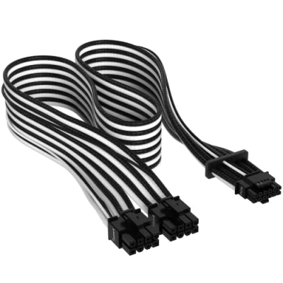 Abbildung von Corsair Premium 600W PCIe 5.0 / Gen 5 12VHPWR Netzteilkabel Passend für Typ 4 Netzteile über Zwei 8 Pin Anschlüsse 12+4 Stecker Mesh Paracord Ummantelung Schwarz/Weiß