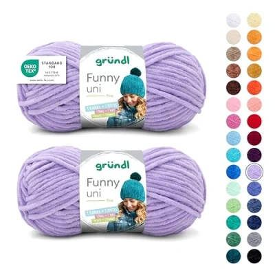 Abbildung von Gründl Wolle Funny uni, weiches Chneillegarn zum Stricken und Häkeln aus 100% Polyester, 2 Knäuel (100 g/ 120 m, Nadelstärke: 5 6), lavendel
