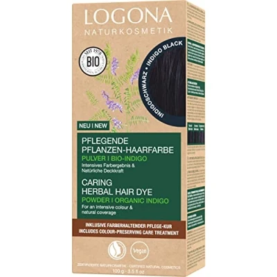 Abbildung von LOGONA Naturkosmetik Pflegende pflanzliche Haarfarbe, Veganes Haarfarbe Pulver mit Bio Indigo für intensive Farbe und Glanz, Pflanzenhaarfarbe in Indigoschwarz (Schwarz), 1 x 100g