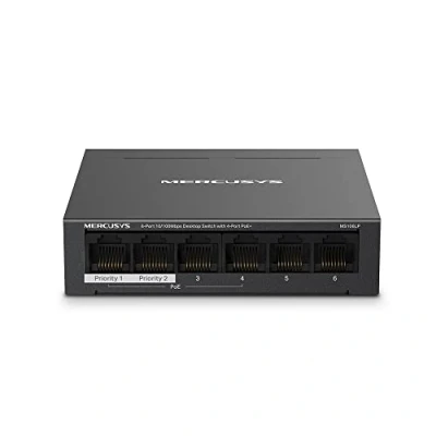 Abbildung von TP Link Mercusys MS106LP PoE+ Switch 6 Ports mit 4 PoE+, 30W für PoE Port, 40W an Allen Ports, 802.3af/at, 2 Uplink Internet und NVR, Metallgehäuse, Ethernet Splitter, Plug &amp; Play