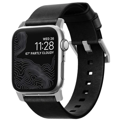 Abbildung von Nomad modernes Lederband Apple Watch 42mm / 44mm 45mm 49mm schwarz silber NM1A41SM00