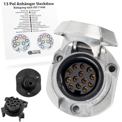 Abbildung von 13 pol Anhänger Steckdose, mit Aluminium Guss Gehäuse, inkl. Abschaltautomatik, nach ISO 11446 genormt, für 12 V Systeme, Feder Klappdeckel, polige Anhängerdose, polig Dose