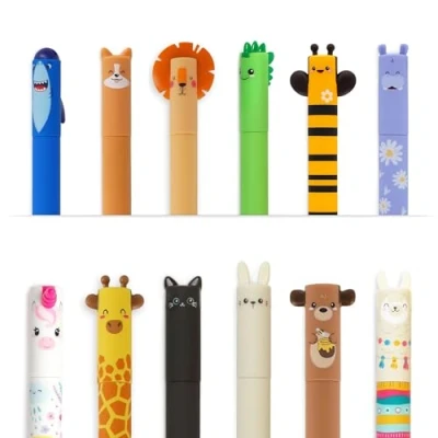 Abbildung von LEGAMI Stifte Set [12 Stck.], radierbare Gelstifte mit Motiven Hippo, Lama, Dino, Cat, Corgi, Hai, Giraffe, Biene, Löwe, Hase, Einhorn, Teddy