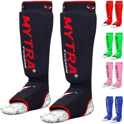 Abbildung von Mytra Fusion Schienbeinschoner kickboxen MMA muay thai Karate Pads Crossfit Boxen (L/XL, Black)